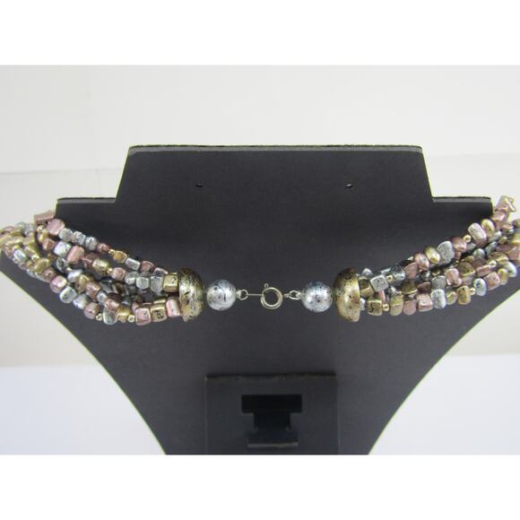 Brown Silver Multi Strand Beaded Necklace Boho Cottagecore Collar Choker Chic - Picture 3 of 7